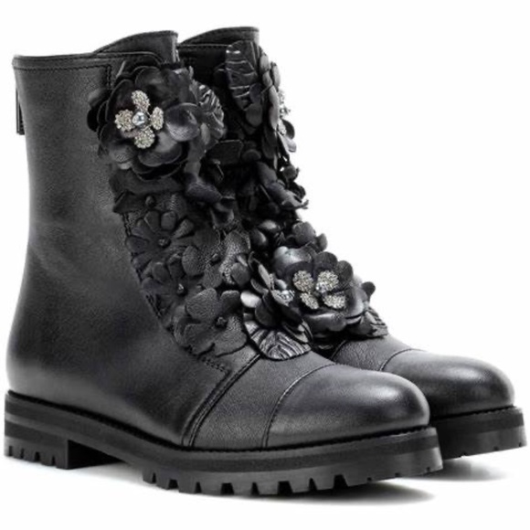Jimmy Choo Havana Floral Combat Boots with Crystals - Black Leather Size 37 / 7 - Picture 1 of 6
